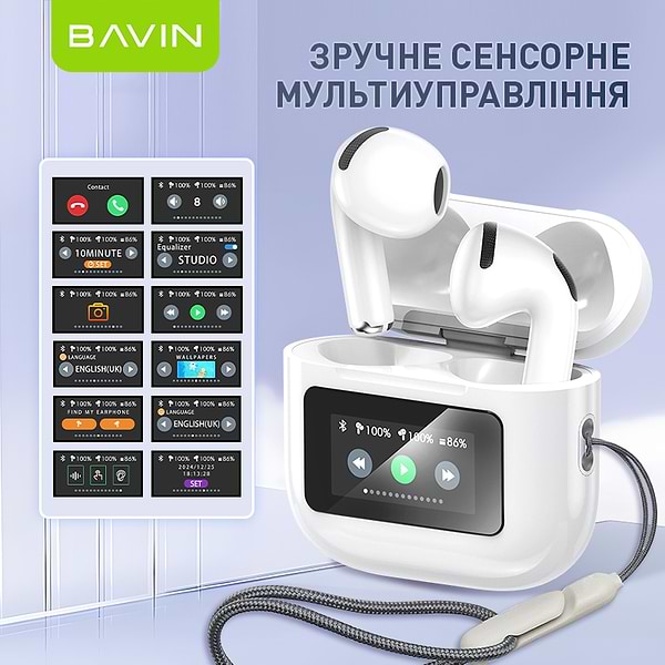 Фото - Наушники вкладыши беспроводные TWS Bavin Hi-Res LCD TOUGH White (HB-BA-82-WH)