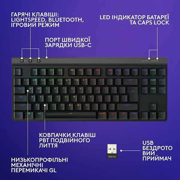 Фото - Клавіатура бездротова ігрова Logitech G515 Lightspeed TKL Black (920-012538)