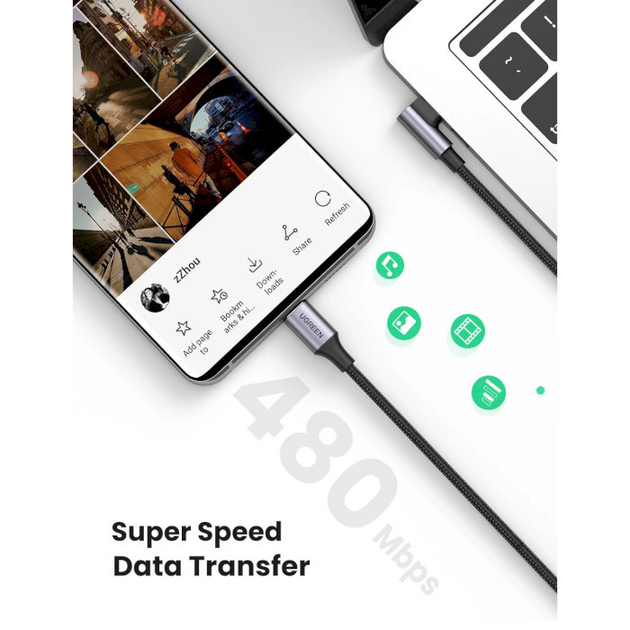 Фото - Кабель синхронизации данных UGREEN US334 USB-C 2.0 to Angled USB-C M/M 1m Black (70643)