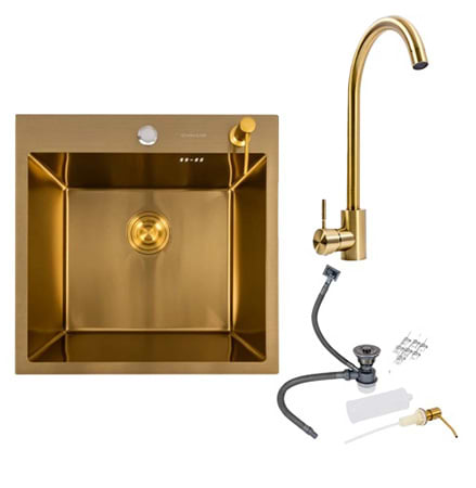 Мийка кухонна VALESO 50x50 PVD золото Handmade (3,0/0,8) + JW449 - Фото 1