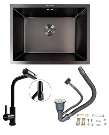 Мойка кухонная VALESO 58x43 PVD черная (монтаж под столешницу) Handmade (3,0/0,8) + XK09B PVD