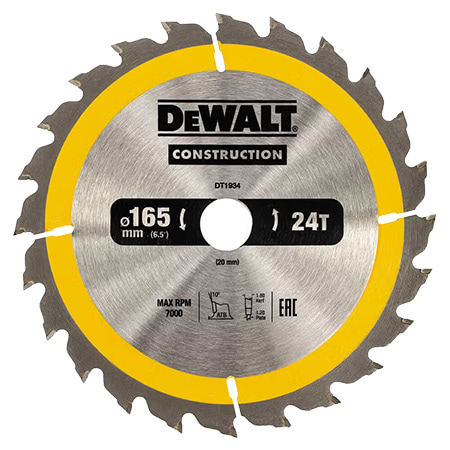 Круг відрізний по дереву DeWALT СONSTRUCTION 165х20 мм (DT1934)