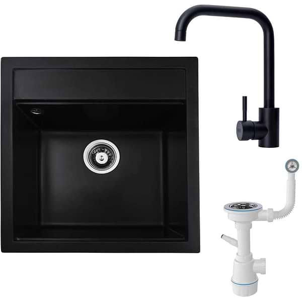 Фото - Мийка кухонна+змішувач VALESO 5149 чорна +сифон 1041 +BG77 чорний