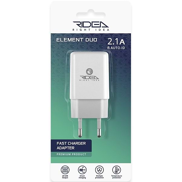 Фото - Сетевое зарядное устройство Ridea Element Duo 2USB 2.1 A White (RW-21011)