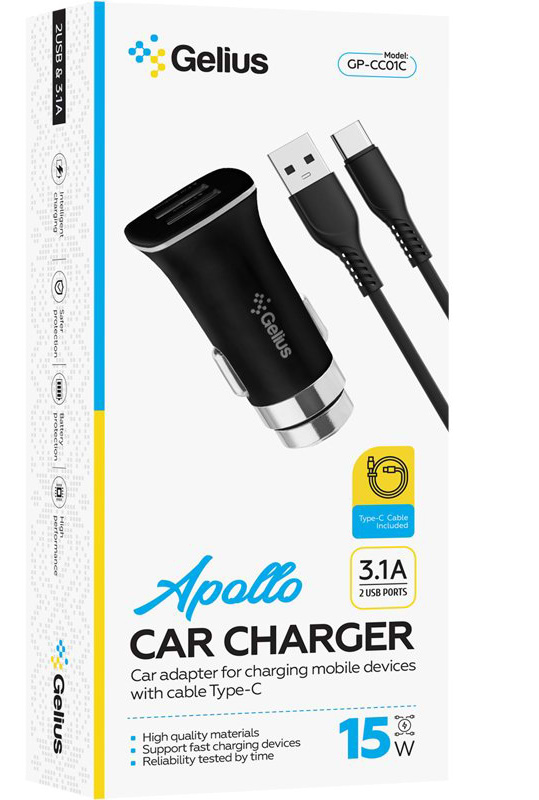 Фото - Автомобільний зарядний пристрій Gelius Pro Apollo GP-CC01 2USB 3.1A 15W + Cable Type-C Black (92661)