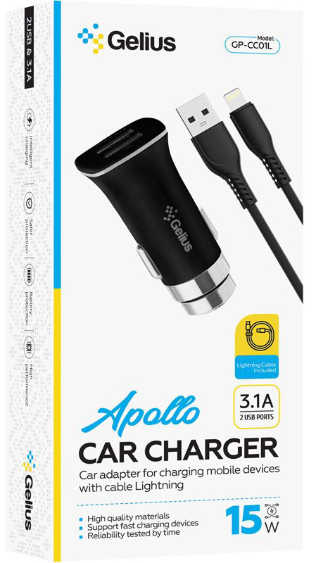 Фото - Автомобильное зарядное устройство Gelius Pro Apollo GP-CC01 2USB 3.1A 15W + Cable Lightning Black (92662)