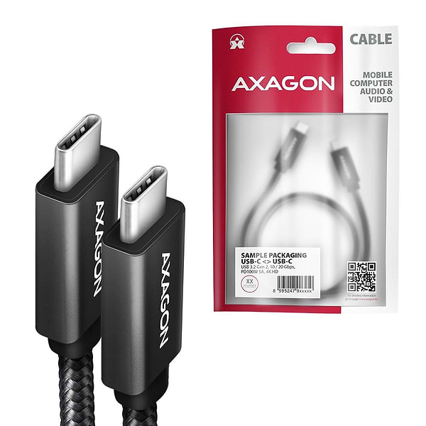 Фото - Кабель синхронізації даних AXAGON USB-C 3.2 Gen 2, 2m, PD 100W, 5A, 4K HD, Black (BUCM32-CM20AB)
