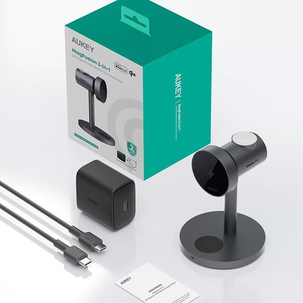Фото - Бездротовий зарядний пристрій Aukey MagFusion 3-in-1 15W Qi2 (LC-MC311) Gray