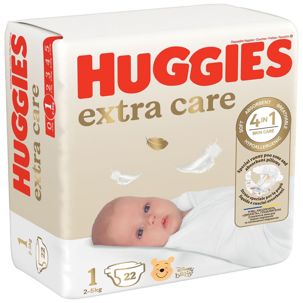 Фото - Одноразові підгузки Huggies Extra Care Розмір 1 (2-5 кг), 22 шт. (5029053583235)