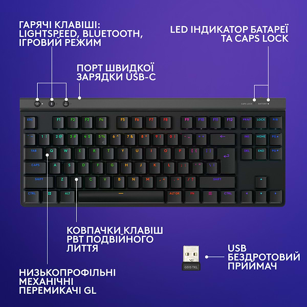 Фото - Клавиатура беспроводная игровая Logitech G515 Lightspeed TKL Mechanical Tactile Wireless (920-014075)
