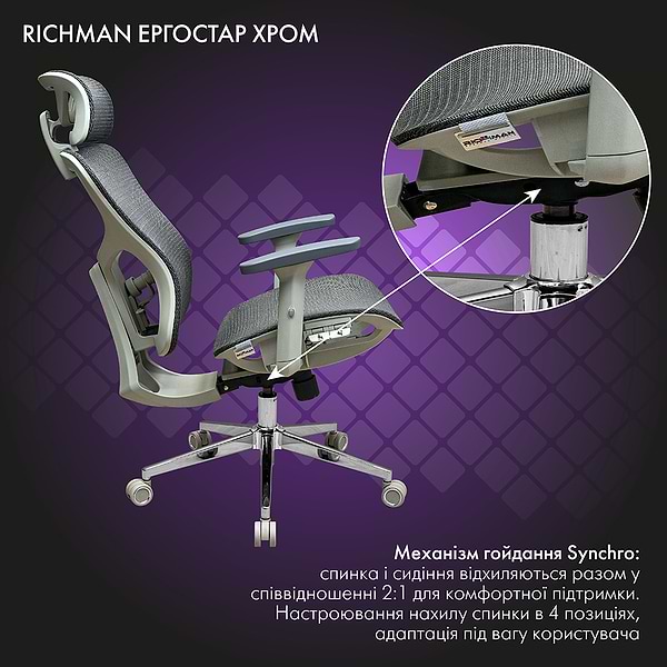 Фото - Крісло для геймерів Richman Ергостар Хром Synchro Сітка Сіра