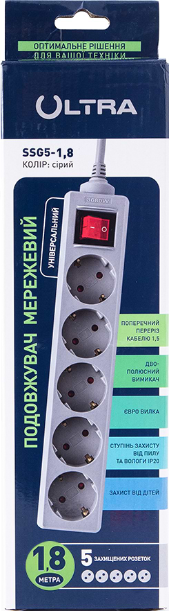Фото - Сетевой фильтр Ultra SSG5-1.8 (5 роз.,1.8 м) серый