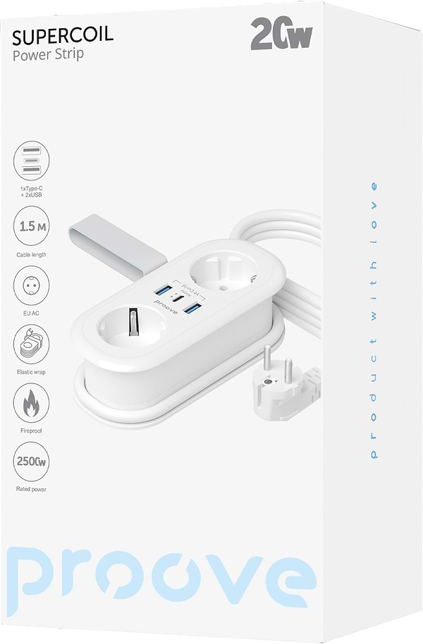 Фото - Мережевий фільтр Proove Supercoil 20W (2xAC + Type-C + 2xSB) 1.5m White (PSPS25002102)