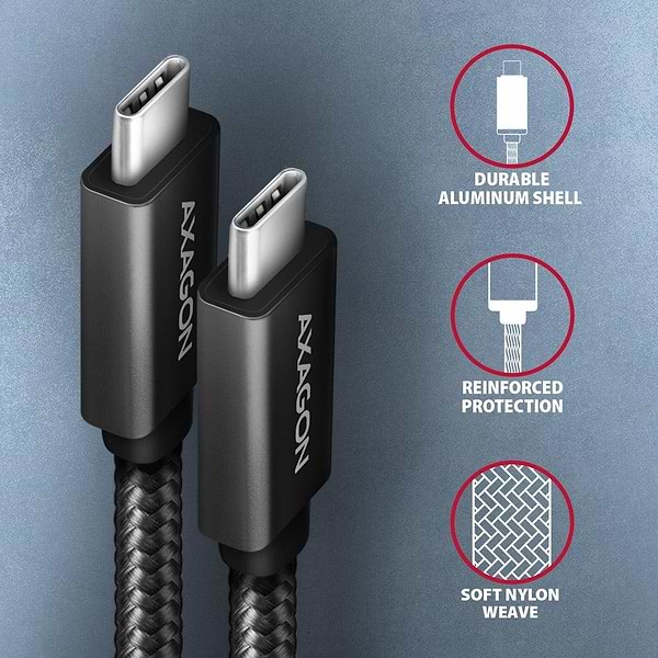 Фото - Кабель синхронізації даних AXAGON USB-C 3.2 Gen 2, 1m, PD 100W, 5A, 4K HD,Black (BUCM32-CM10AB)