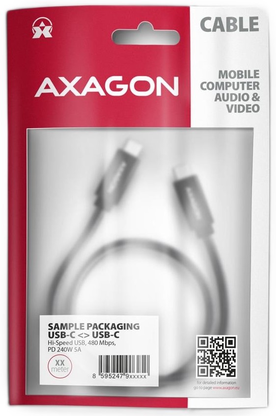 Фото - Кабель синхронизации данных AXAGON USB-C 2.0, 2m, PD 240W 5A, Black (BUCM2-CM20AB)