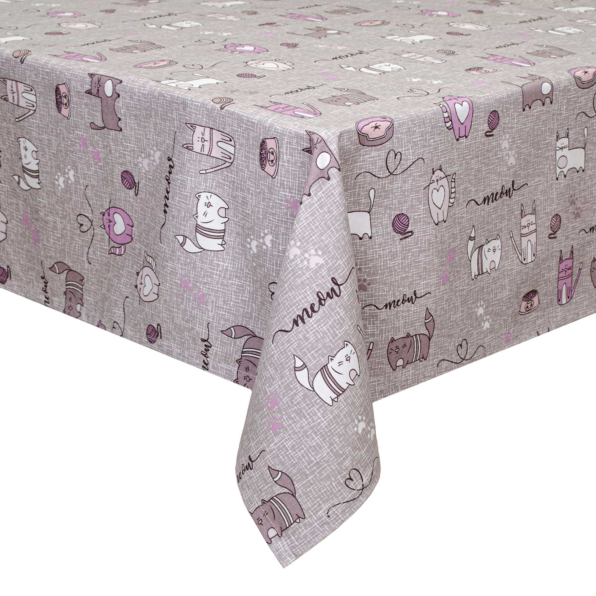 Скатерть прямоугольная Home Line Полупанама кот на кухне серо/сиреневый 150Х150 (175276) - Фото 1