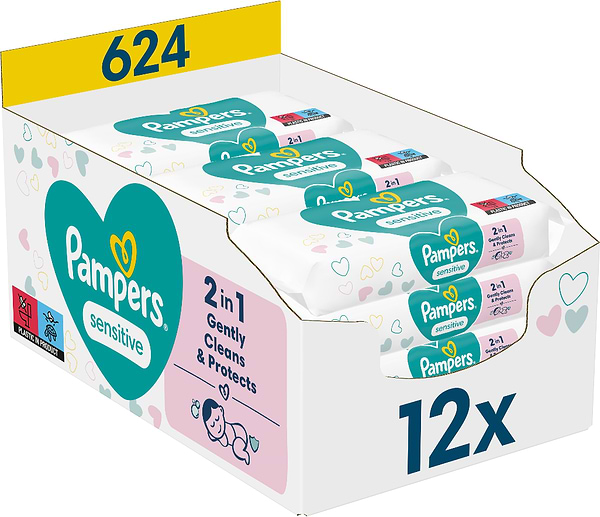 Фото - Вологі серветки для немовлят Pampers Sensitive, 624 шт. (12*52 шт) (80777975)