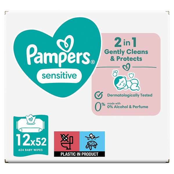Фото - Вологі серветки для немовлят Pampers Sensitive, 624 шт. (12*52 шт) (80777975)