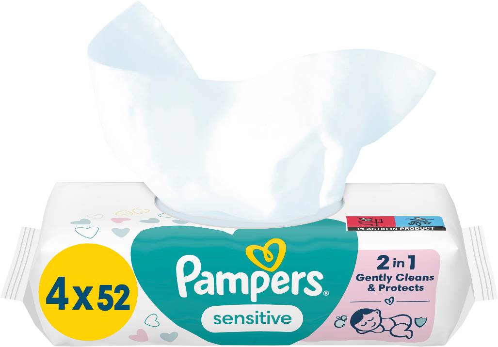 Вологі серветки для немовлят Pampers Sensitive, 208 шт. (4*52 шт) (80777979) - Фото 1