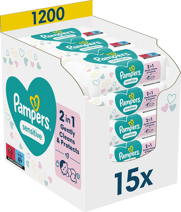 Фото - Вологі серветки для немовлят Pampers Sensitive, 1200 шт. (15*80 шт) (80844940) Фото - Вологі серветки для немовлят Pampers Sensitive, 1200 шт. (15*80 шт) (80844940)