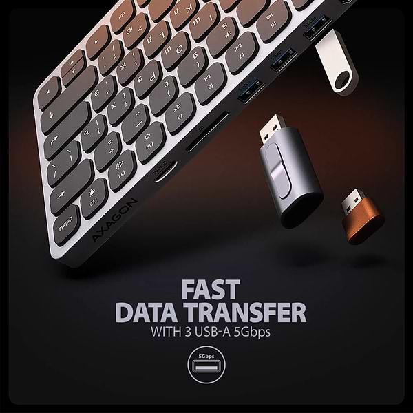 Фото - Клавиатура проводная AXAGON HMC-KB USB-C 5Gbps KEYBOARD 9in1 hub, EN/UA layout, Silver/Black (HMC-KB-CRL)