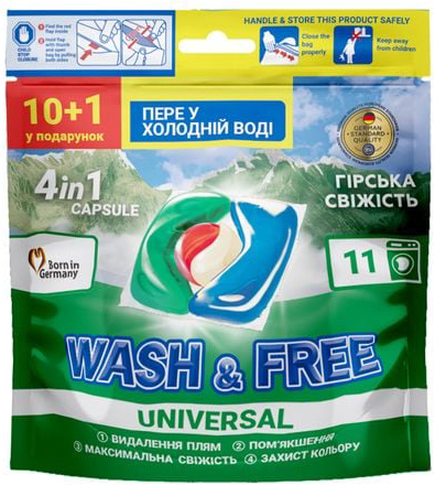 Капсули для прання WASH & FREE Гірська свіжість 10 + 1 шт - Фото 1