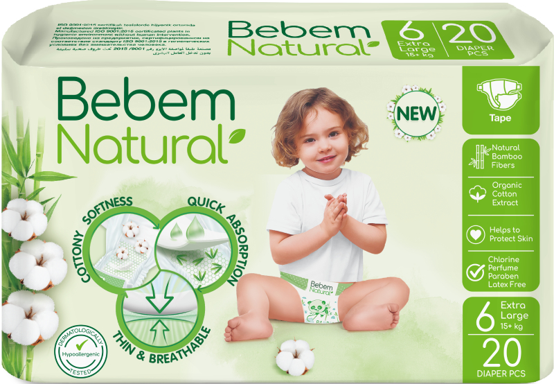 Одноразовые подгузники Bebem Natural 6 e.large 15+ кг 20 шт. (8690536806041) - Фото 1