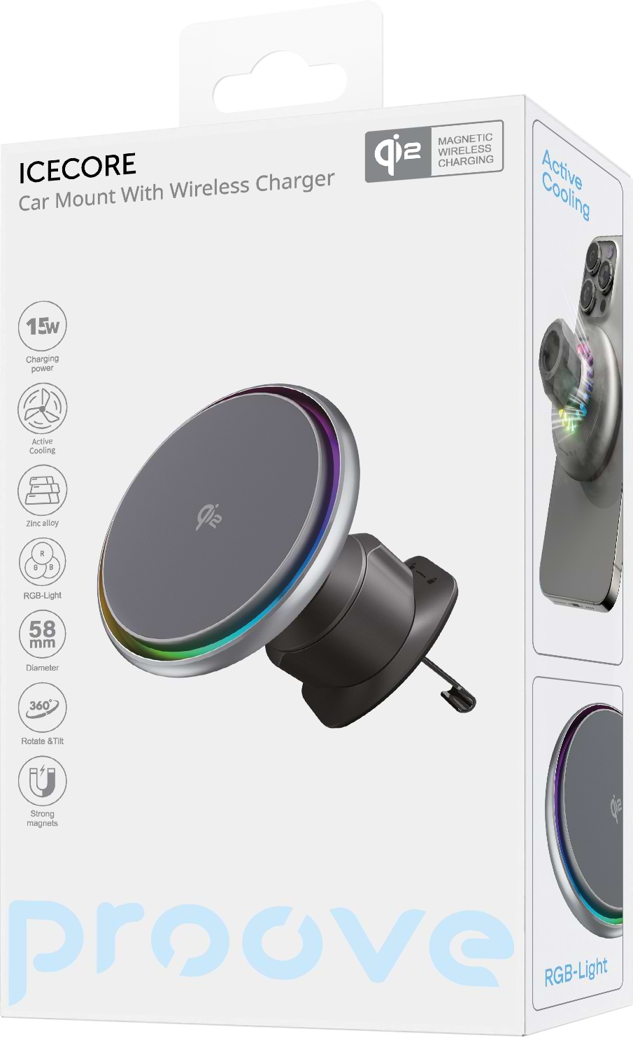 Фото - Автодержатель с беспроводной зарядкой Proove IceCore QI2 15W Gray (WHIC15002003)