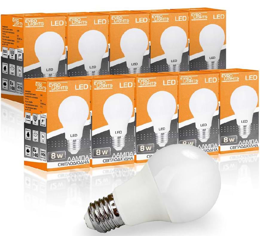 Лампочка світлодіодна EVROLIGHT 8Вт 4200К A-8-4200-27 Е27 10 шт. (000058943)