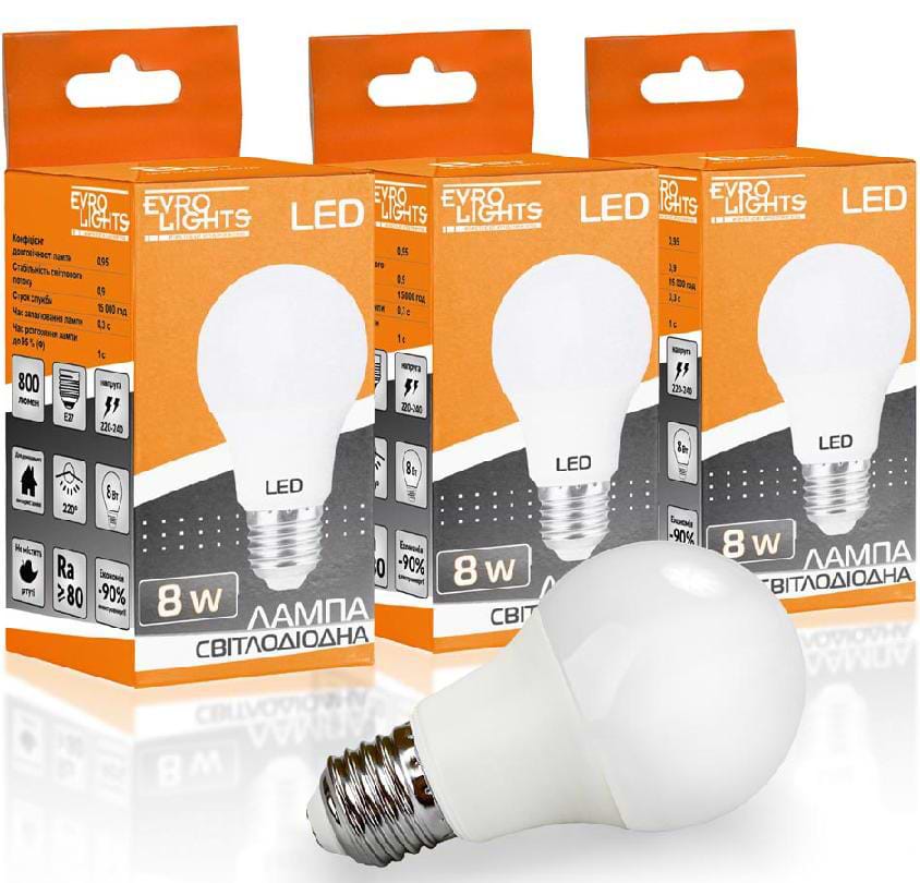 Лампочка світлодіодна EVROLIGHT 8Вт 4200К A-8-4200-27 Е27 3 шт. (000058942)