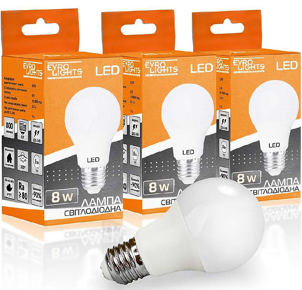 Фото - Лампочка світлодіодна EVROLIGHT 8Вт 4200К A-8-4200-27 Е27 3 шт. (000058942)