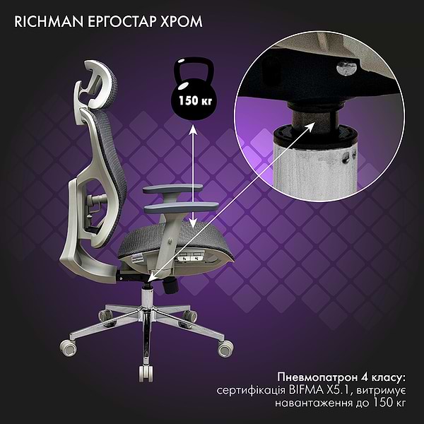 Фото - Крісло для геймерів Richman Ергостар Хром Synchro Сітка Сіра