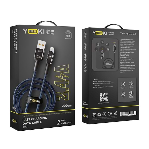 Фото - Кабель синхронізації даних YOKI SMART Lightning 2.4A 2m Black-Blue (YK-SM31)