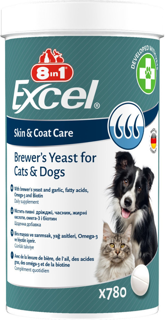 Витамины для кошек и собак 8in1 Excel Brewers Yeast пивные дрожжи с чесноком для кожи и шерсти 780 шт. (4048422184102)