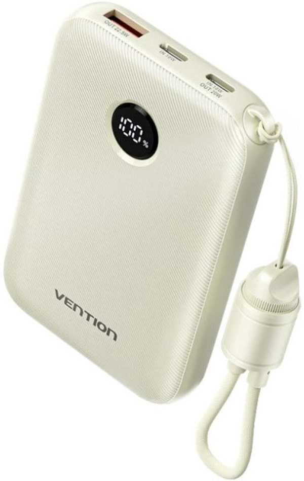 Фото - Батарея мобільна Vention 10000mAh 22,5W Fast Charging, USB-A, 2xUSB-C, with built-in USB-C cable, Beige (FKAN0-C)
