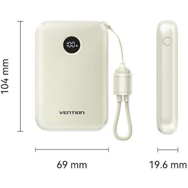 Фото - Батарея мобільна Vention 10000mAh 22,5W Fast Charging, USB-A, 2xUSB-C, with built-in USB-C cable, Beige (FKAN0-C)