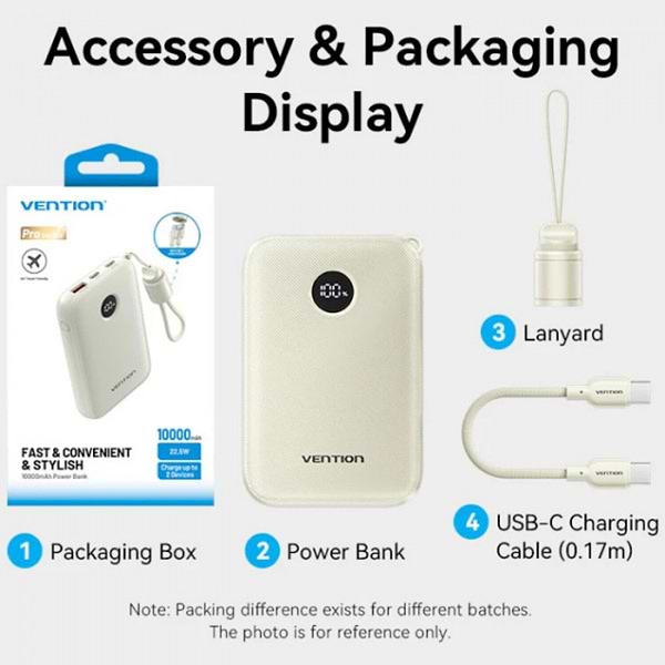 Фото - Батарея мобільна Vention 10000mAh 22,5W Fast Charging, USB-A, 2xUSB-C, with built-in USB-C cable, Beige (FKAN0-C)