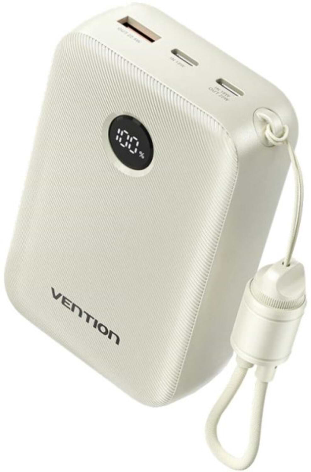 Батарея мобільна Vention 20000mAh 22,5W Fast Charging, USB-A, 2xUSB-C, with built-in USB-C cable, Beige (FKBN0-C)