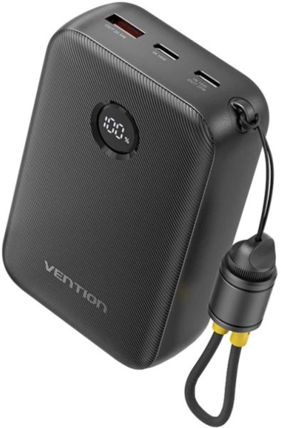 Батарея мобільна Vention 20000mAh 22,5W Fast Charging, USB-A, 2xUSB-C, with built-in USB-C cable, Black (FKBB0-C)