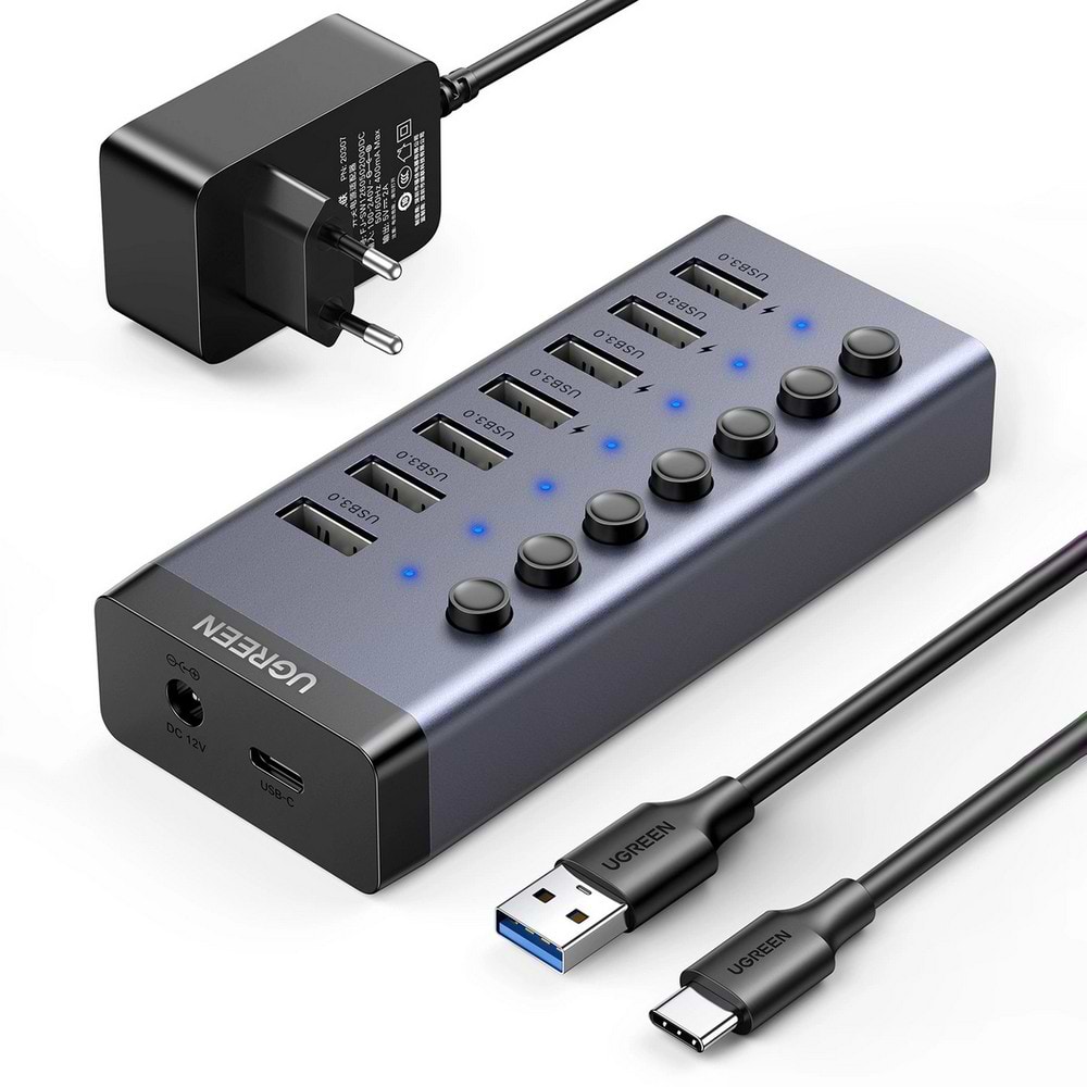 Хаб USB UGREEN CM481 USB to 7xUSB 3.0 with 12V 2A Power Supply Gray (90307)