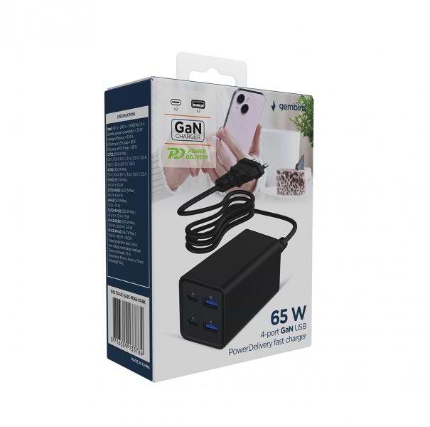 Фото - Мережевий зарядний пристрій Gembird 2xUSB-A QC3.0 30W+2xType-C PD 65W Black (TA-UC-2A2C-PD65-01-BK)