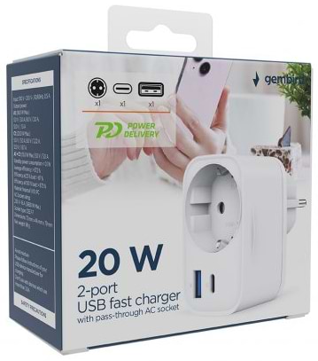 Фото - Переходник Евро 220В Gembird 1+USB-A+1+Type-C PD20W+QC3.0 18W White (TA-ACPDQC20-01-W)