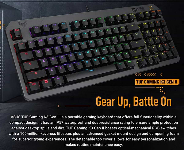 Фото - Клавіатура дротова ігрова Asus TUF Gaming K3 Gen II 97key Optical-Mechanical RGB Switch USB-A EN/UK Black (90MP0390-BKMA00)