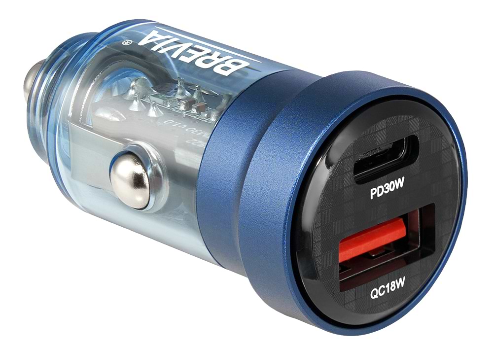 Автомобільний зарядний пристрій Brevia ePower DualCharge 30W 1xUSB-C+1xUSB-A, Transparent Blue (46530CABL)