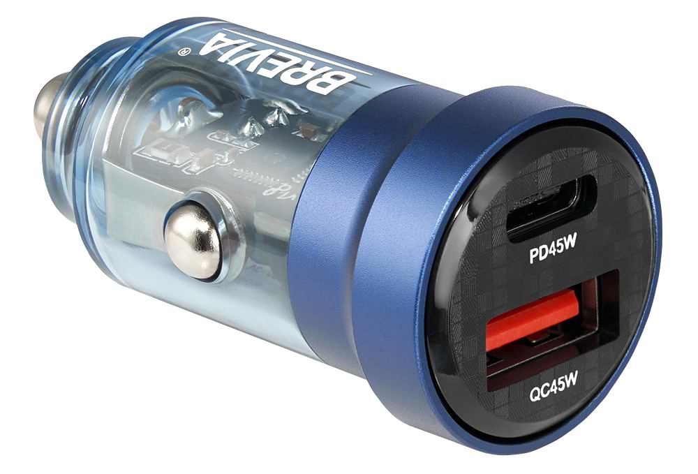 Автомобільний зарядний пристрій Brevia ePower DualCharge 45W 1xUSB-C+1xUSB-A, Transparent Blue (46545CABL)