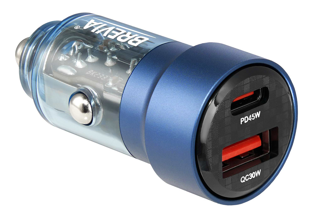 Автомобільний зарядний пристрій Brevia ePower DualCharge 75W 1xUSB-C+1xUSB-A, Transparent Blue (46575CABL)