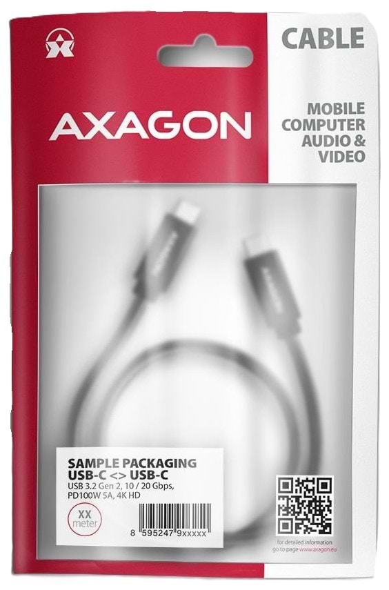 Фото - Кабель синхронізації даних AXAGON USB-C 3.2 Gen 2, 2m, PD 100W, 5A, 4K HD, Black (BUCM32-CM20AB)