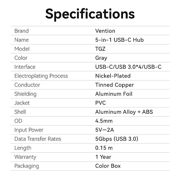 Фото - Хаб USB Vention USB 3.0 Type-C 4xUSB 3.0/1xUSB-C (TGZHB)