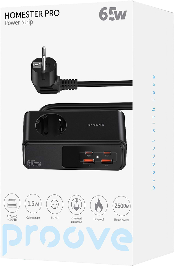 Фото - Мережевий фільтр Proove Homester Pro 65W (AC + 2xType-C + 2xUSB) 1.5m Black (PSHP25002201)
