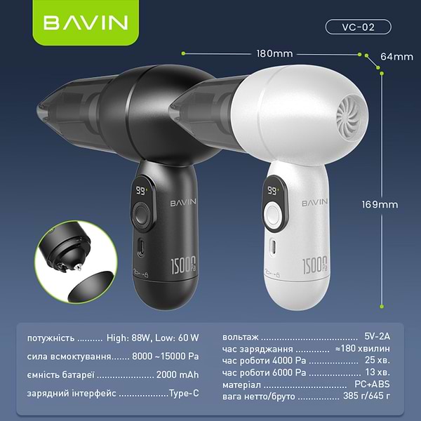 Фото - Автомобільний пилосос Bavin VC-02 15000Pa 2000mAh Black (Z-VC02 BK)